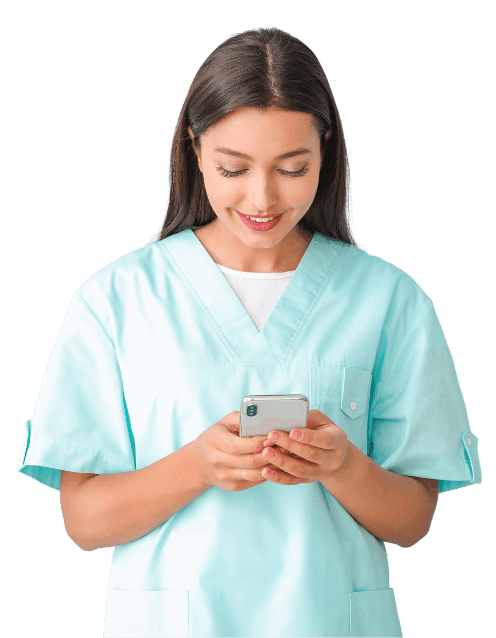 Eine Pflegekraft schaut auf ihr Smartphone